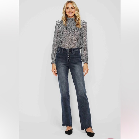 Judy Blue Denim - JUDY BLUE High Waist Button-Fly Destroy Hem Straight Denim Jeans